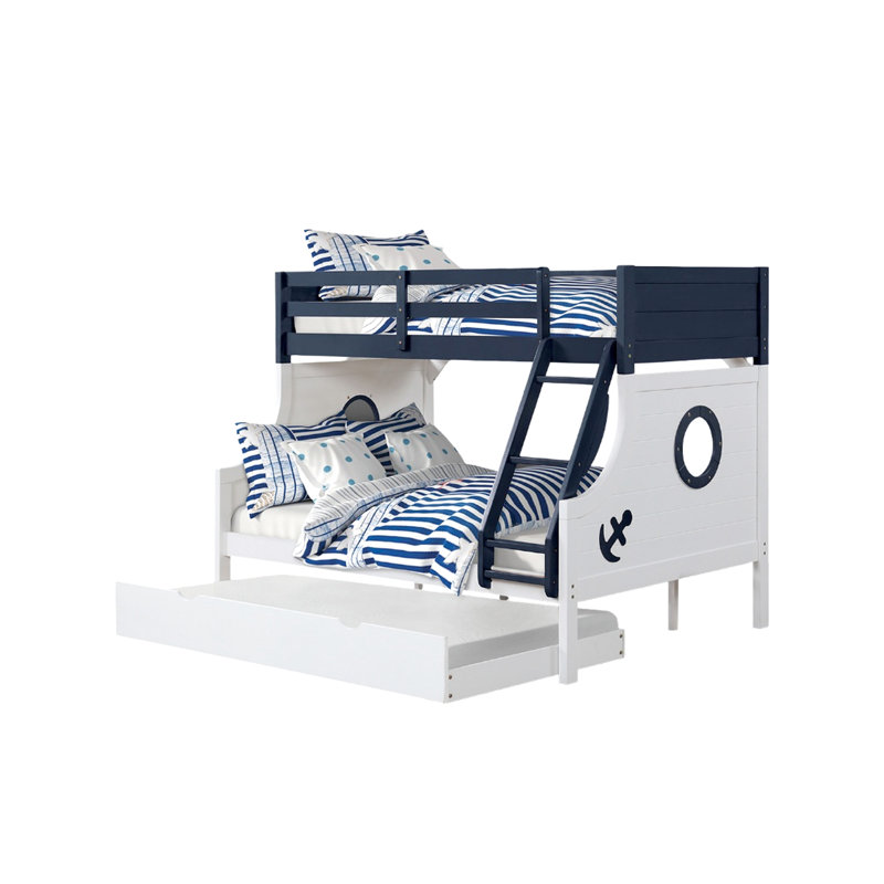 Lit superposé simple au-dessus de double moderne en bleu / blanc, avec attaches, rails et joint de serrure pour la chambre à coucher bleu / blanc avec structure en bois massif en angle