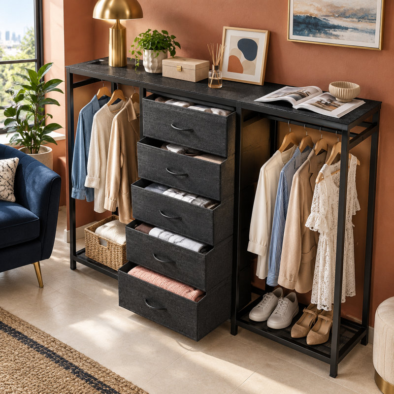 Commode de chambre à coucher 5 tiroirs en tissu noir anthracite