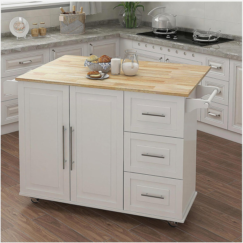 Étagère à épices, porte-serviettes et table en bois massif extensible - Îlot de cuisine blanc, Blanc