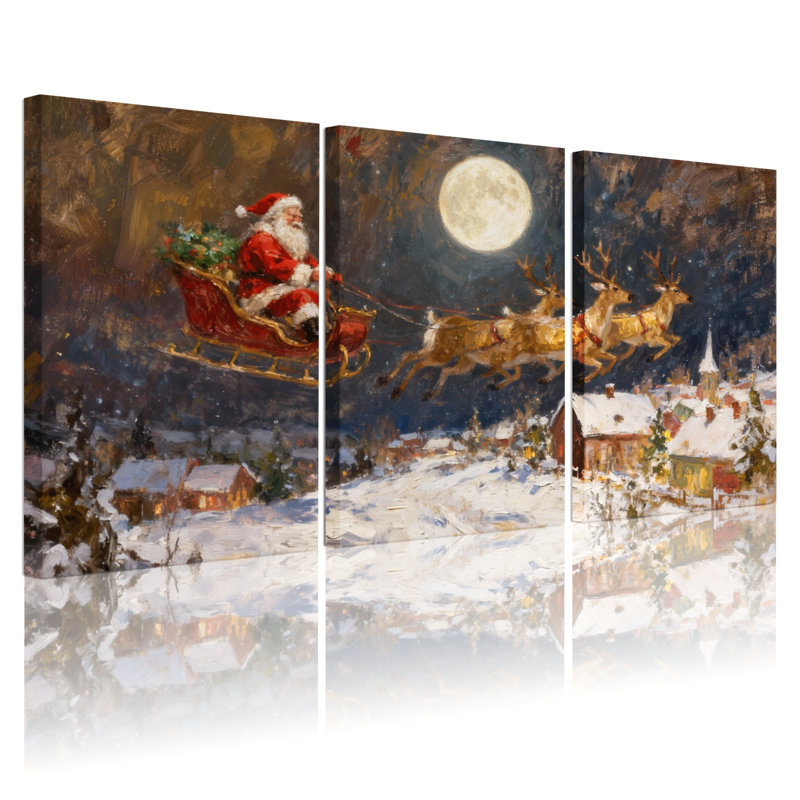 Noël, père Noël, traîneau, renne, lune, neige, village, nuit, ensemble de 3 impressions sur toile, H 24 po x l 48 po