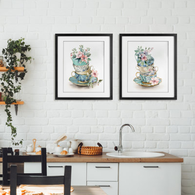 Stacked Teacup Chinoiserie 2pc Framed Print Under Glass Set, design by Kim Allen