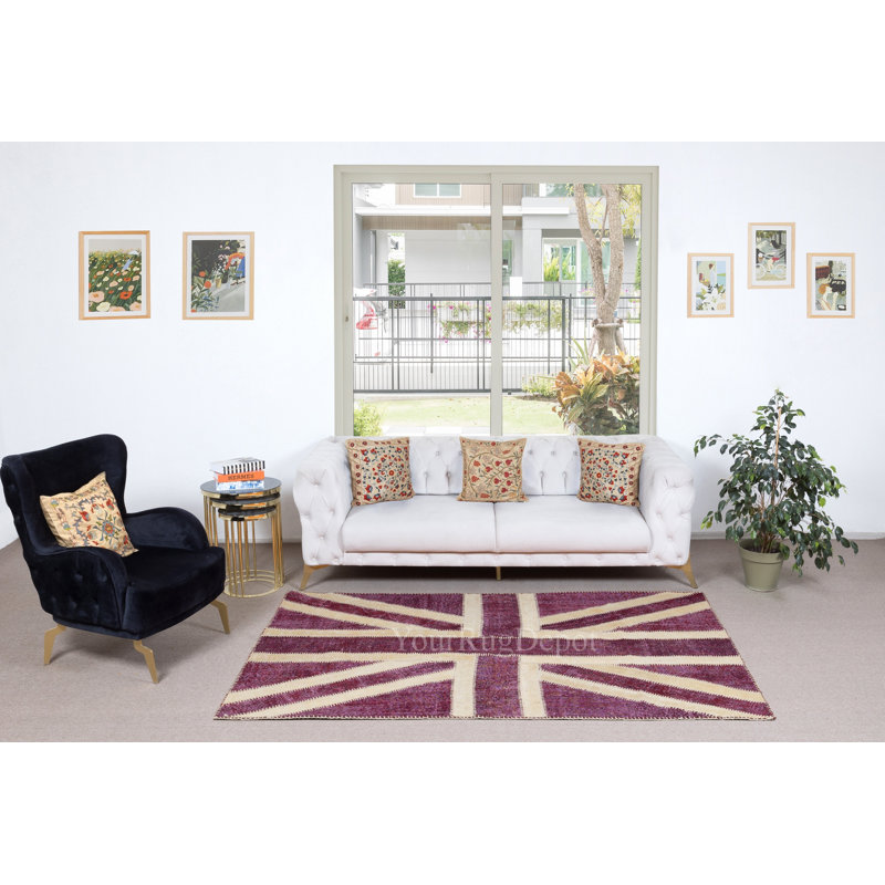 Tapis patchwork fait à la main 5 x 8 pi dans les tons de rose, drapeau britannique Union Jack