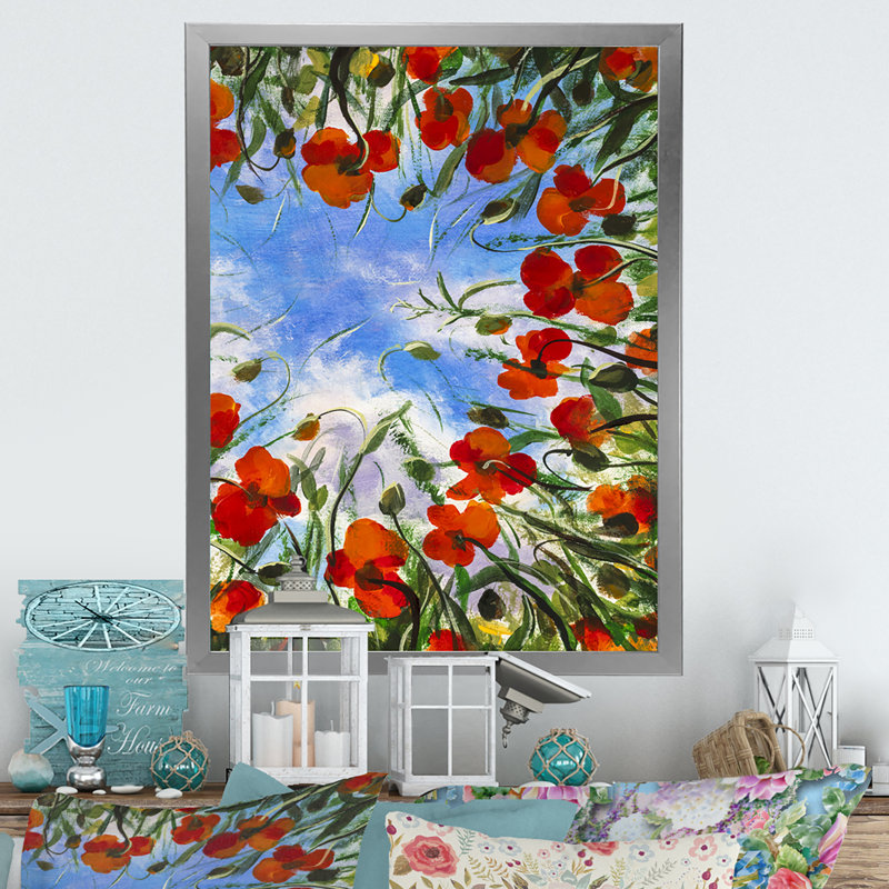 Fleurs de coquelicots rouges - peinture, Toile avec cadre photo argenté, H 32 po x l 16 po x P 1 po