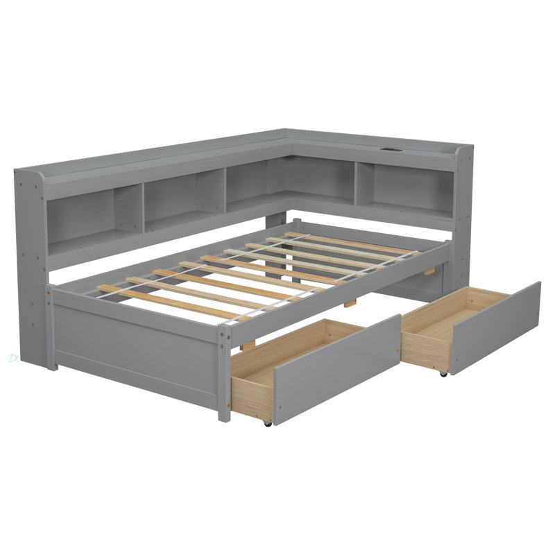 L-Shaped Bookcases Bed With Power Outlets, USB Charging Ports,Two Drawers, Gray, Twin