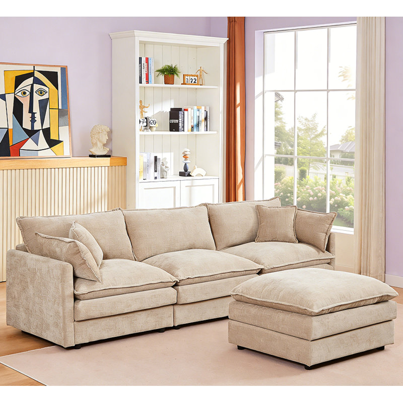 3-Seater Comfy Cloud Couches With Movable Ottoman, Coffee