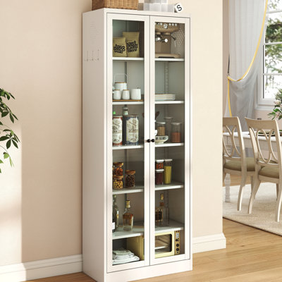 Meuble de rangement de cuisine en métal blanc de 183 cm de haut avec 5 tablettes personnalisables, idéal pour un garde-manger, sans formaldéhyde, portes en verre magnétique, panneaux ventilés, armoire haute avec étagères réglables adaptées à la cuisine.