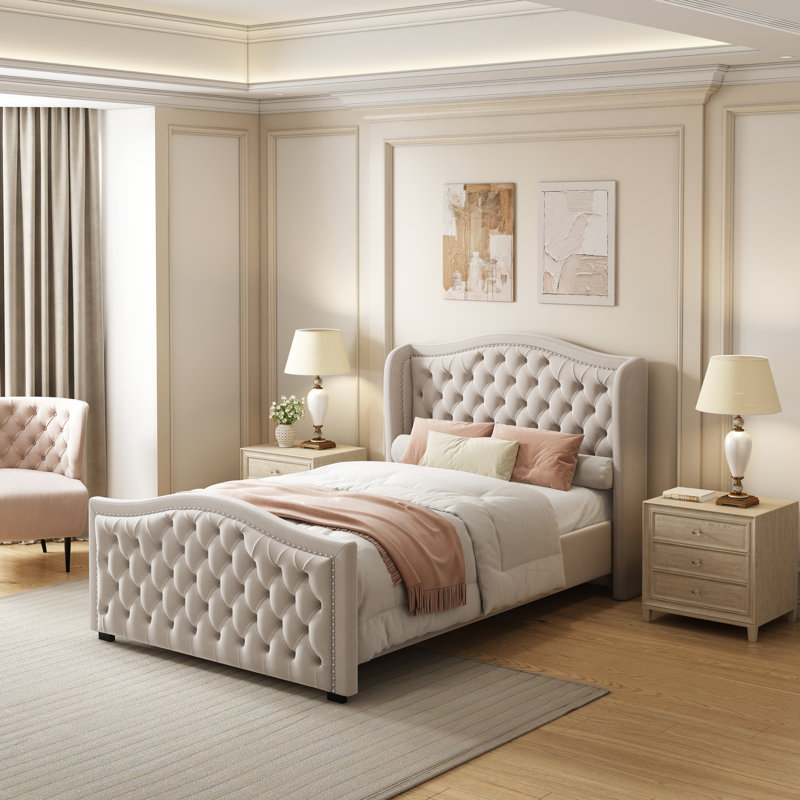 Lit capitonné standard à profil bas, Beige