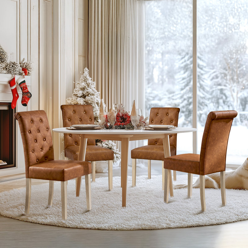 Padded Classic High Back Upholstered Dining Chairs With Solid Wood Legs, Leather-Retro Brown