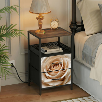 Table de chevet avec station de recharge intégrée, table de chevet à 2 tiroirs avec ports USB et prises électriques, tablette ouverte, table de chevet noire pour chambre ou salon, motif marbre rose blanc
