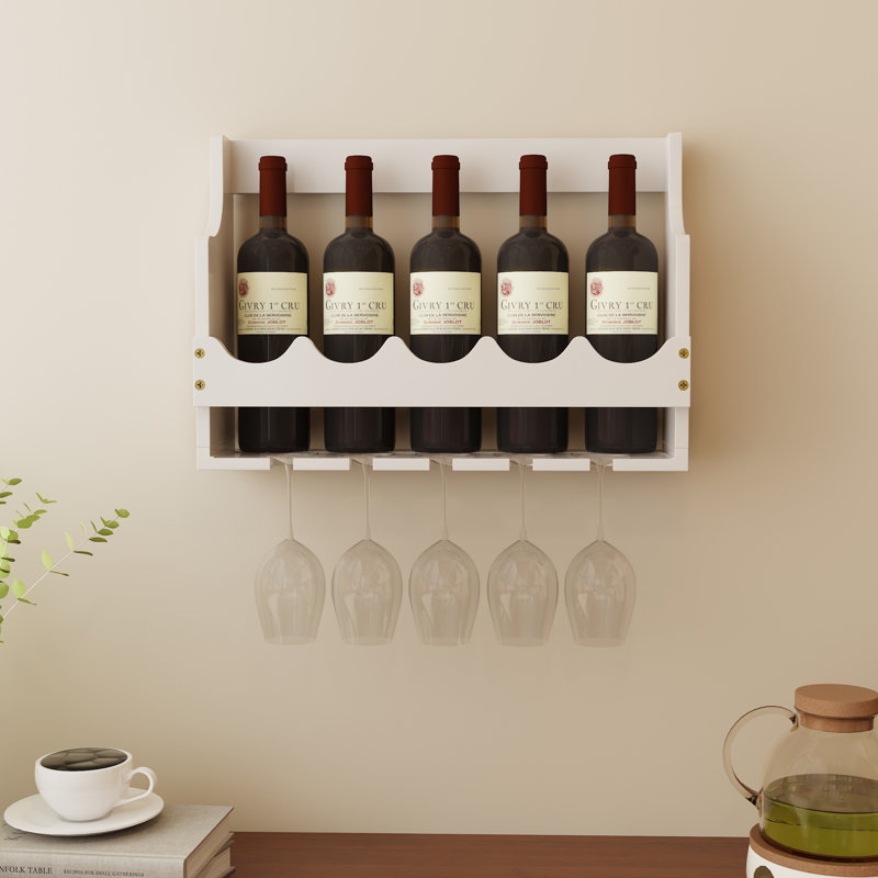 Porte-bouteilles mural en bois massif pour verres et bouteilles. Rangement pour boissons et vins., Blanc