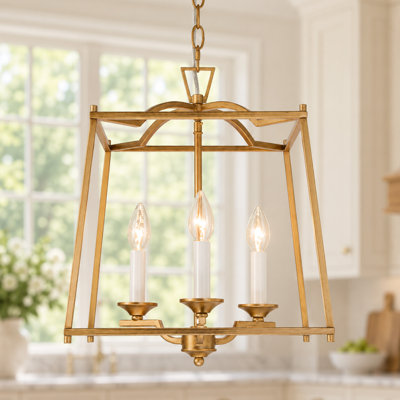 Lustre 3 lumières lanterne dorée antique avec tubes chandelier - Éclairage moderne, transitionnel et minimaliste pour la cuisine, la salle à manger, le vestibule