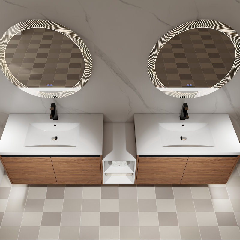 Meuble-lavabo mural avec deux lavabos en résine, une tablette et des portes à fermeture en douceur, 84"