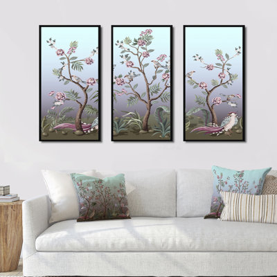 Chinoiserie avec oiseaux et pivoines II - ensemble d'art mural sur toile traditionnel encadré de 3