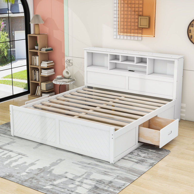 Lit plateforme en bois avec deux tiroirs et USB Endy, Blanc