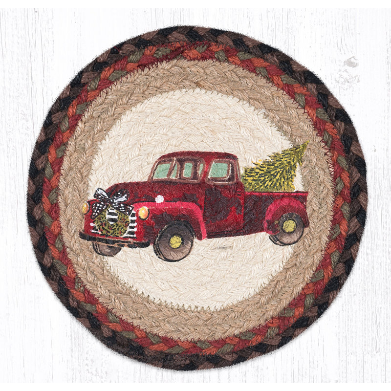  Table ronde décorative de Noël en jute tressée à motif camion de Noël 10 po x 10 po