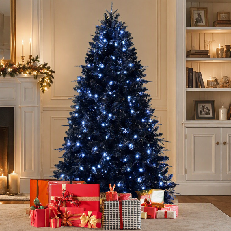 Sapin de Noël noir de 1,80 m avec 350 lumières DEL blanches, 1460 branches en PE+PVC pour décoration de fêtes, structure articulée avec pied en métal