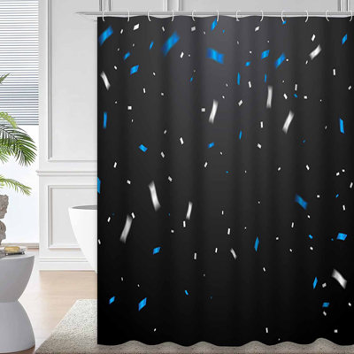 Rideau de douche bleu à petits confettis noir et blanc avec 12 crochets