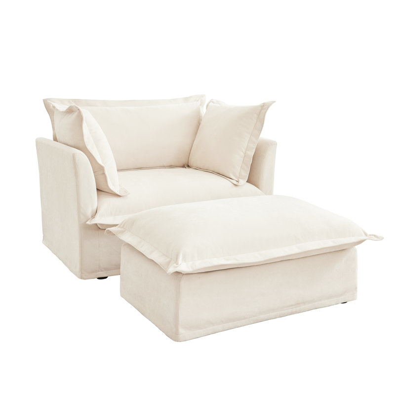 Fauteuil à assise profonde et respirant, couleur crème, assise spacieuse en chenille, tissu, élégant