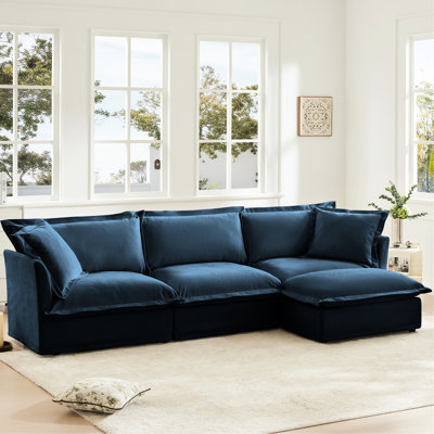 Élégant chenille confortable bleu, canapé modulaire avec housse convertible et 2 coussins pour le salon en forme de L