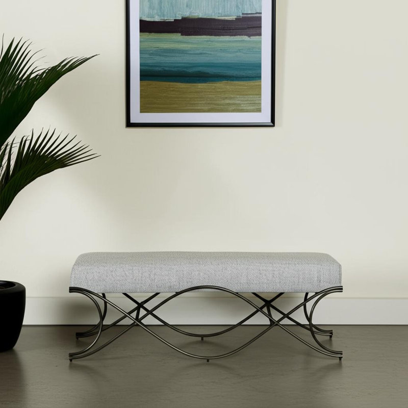 Banc rembourré en chenille et métal 55 po gris foncé et nickel