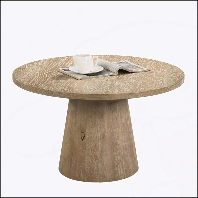 Table basse ronde de style contemporain avec base piédestal en forme de cône, structure en bois d'hévéa durable et finition chêne