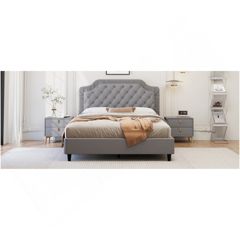 Très grand lit tapissier avec tête de lit capitonnée et capitonnée, sans sommier tapissier, gris, Très grand lit