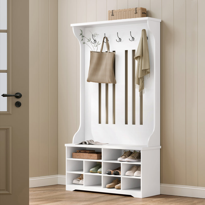 Chalemet Hall Tree 39.4'' Wide with Bench and Shoe Storage, Matte White