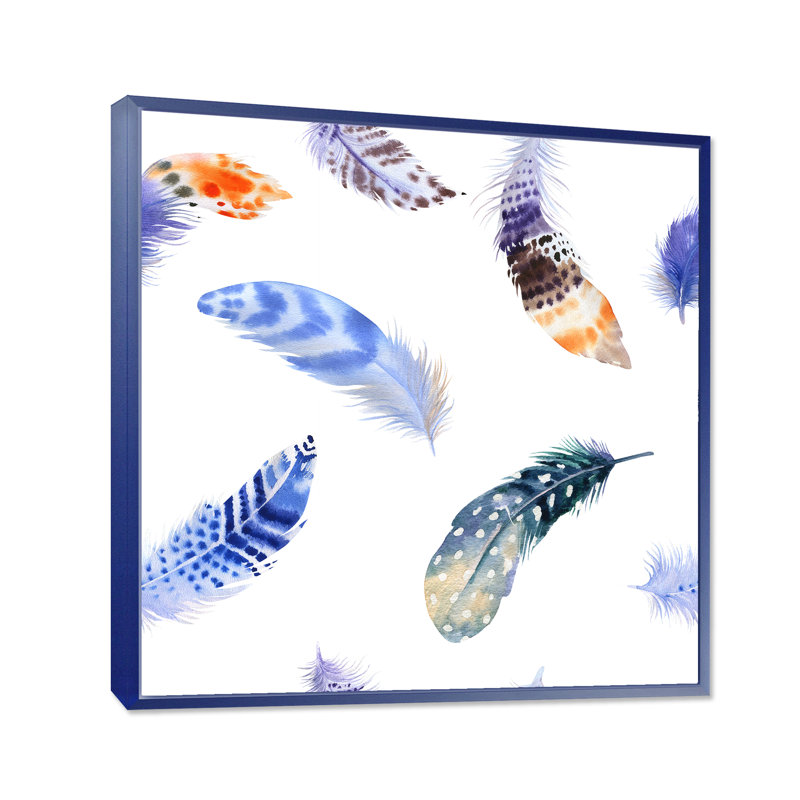 Ensemble de plumes colorées Boho VII - peinture sur toile, H 36 po x l 36 po x P 1,5 po, Encadrement bleu