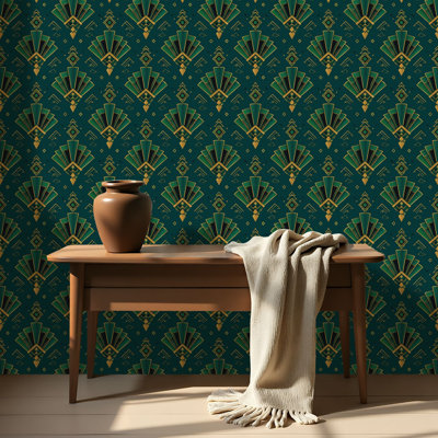 Papier peint auto-adhésif à motif géométrique art déco vert foncé auto-adhésif et amovible 17,7 po x 118 po (45 x 300 cm)
