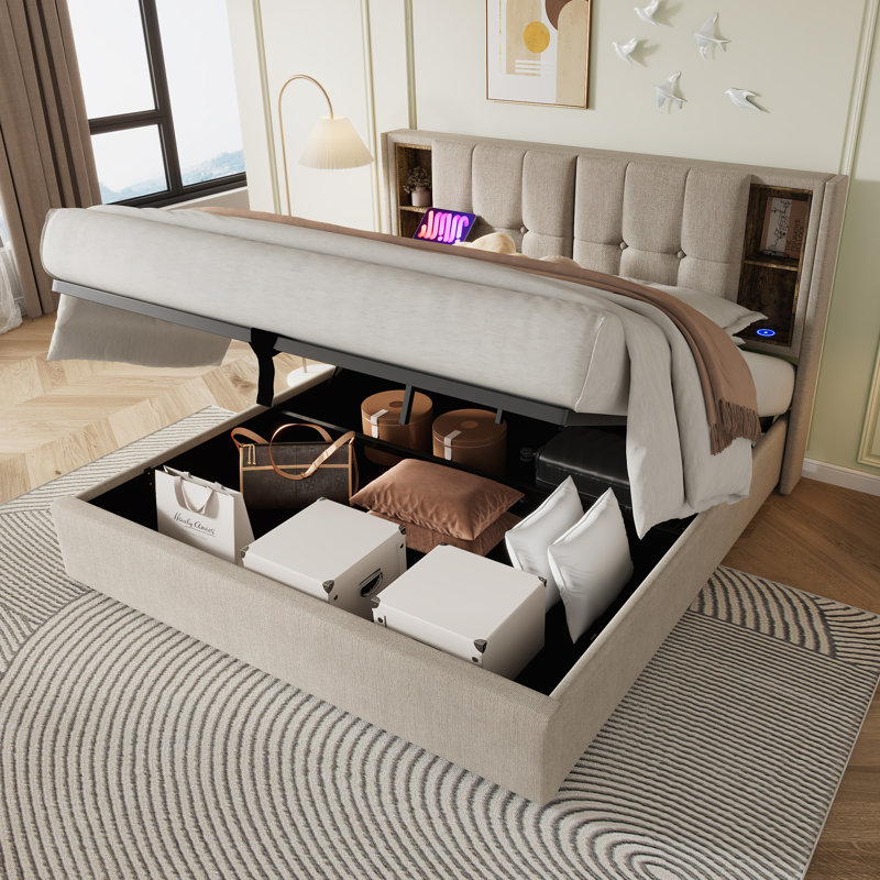 Upholstered Ottoman Storage Bed, Natural, Double (4'6)