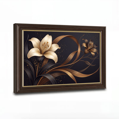 Art mural lys crème et bronze avec feuilles métalliques sur toile foncée