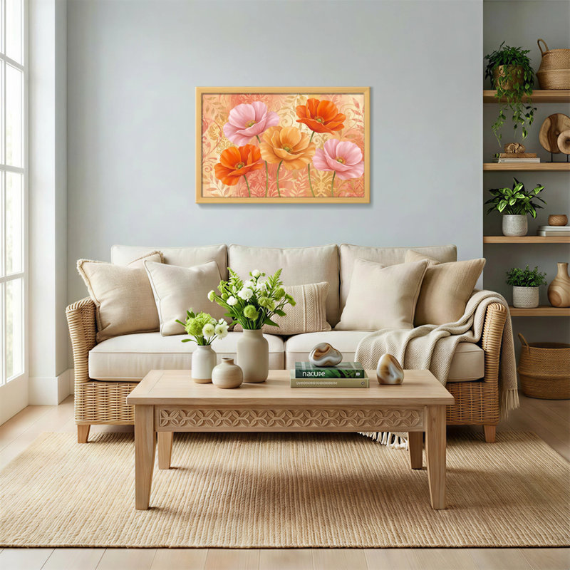 Plantes et fleurs à motif floral de coquelicot avec des tons chauds, H 16 po x l 24 po