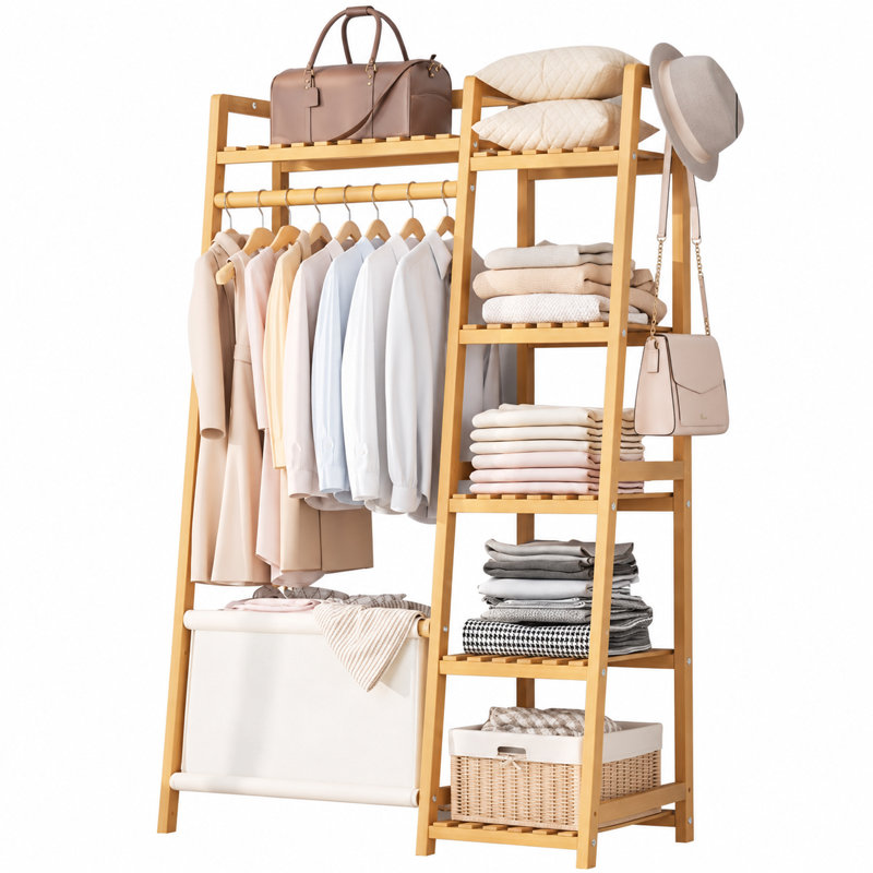 Portant à vêtements en bambou avec tringle, étagères de rangement ouvertes à plusieurs niveaux, organisateur de vêtements autoportant pour chambre ou entrée