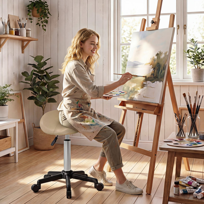 Tabouret roulant, chaise pivotante en similicuir, brun