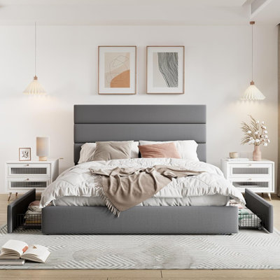Modern Queen Size Platform Bed Frame With 4 Storage Drawers And Velvet Upholstered Headboard, Wooden Slats Support, Upholstered Mattress Foundation/no Box Spring Needed/easy Assembly, Grey