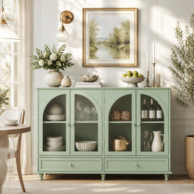 Buffet en verre arqué, 2 tiroirs et 4 portes en verre, armoire de présentation avec tablettes réglables, armoire de cuisine moderne pour le vestibule du salon