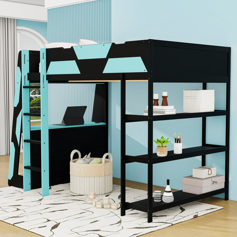 Full Size Wood Loft Bed with Side-Mounted Desk, LED Lights and Built-in Power Outlets, Black/Blue