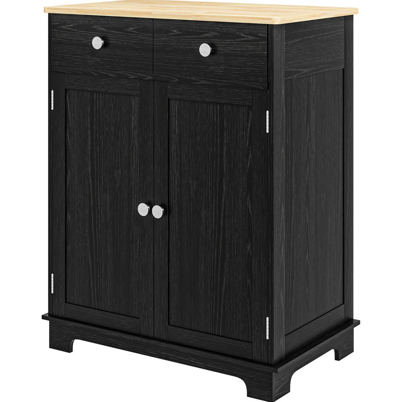 Distressed Black Entryway Sideboard - Solid Wood Countertop, 2 Drawers, Doors, Adjustable Shelf Storage Cabinet With Top Shelf, Kitchen