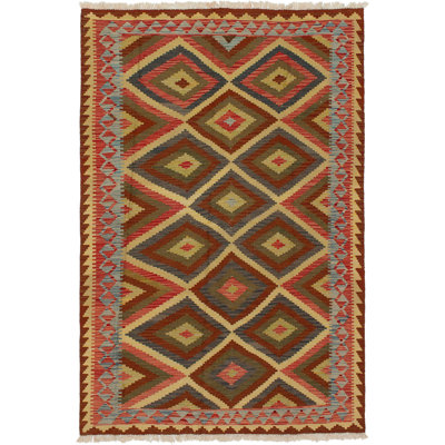 Tapis rouge/vert en laine 5 pi 1 po x 7 pi 11 po handwoven à tissage plat Carli