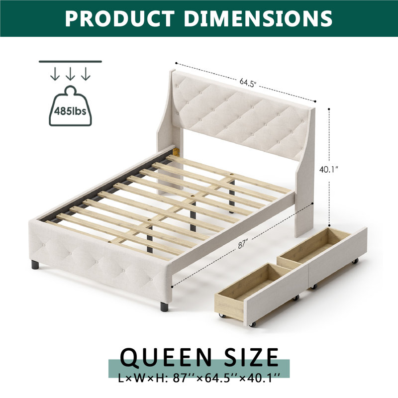 Solid Wood Storage Platform Bed Frame With Headboard And Under Bed Drawers