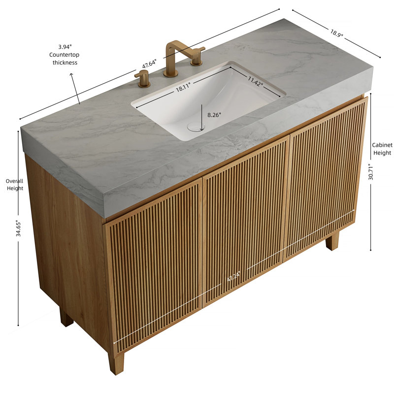 Meuble-lavabo sur pied de 122 cm avec lavabo, comptoir en pierre frittée veinée gris Carrara, aspect bois naturel., L 48 po