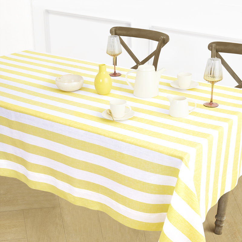 Cabana Stripe - 100% Pure Linen Tablecloth, 132" x 60", Primrose Yellow/White
