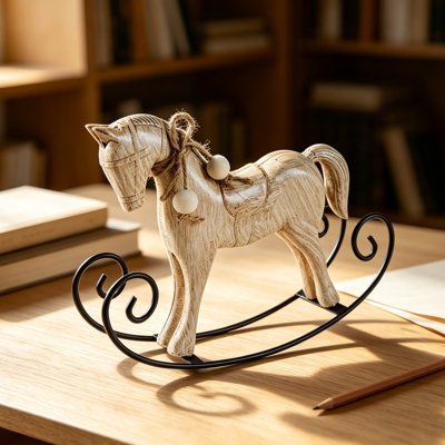 Weaving potted plants Distressed-style Wooden Rocking Horse Ornament  -style Tabletop Decor  Nostalgic Bookshelf Accessory  Handcrafted Piece  And Holiday Gift.