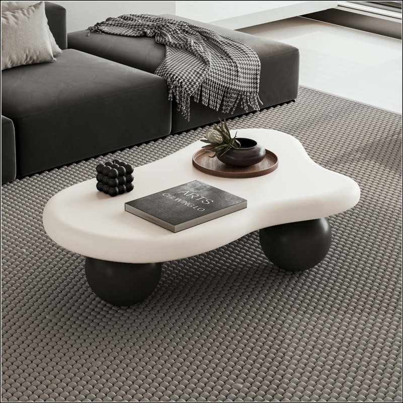 Table basse en forme de nuage avec 3 pieds sphériques, H 11,7 po x L 40 po x l 26,8 po, Blanc/Noir