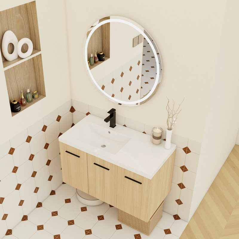 Meuble-lavabo flottant mural 36 po avec lavabo 36 po, armoire modulaire à 3 portes (2 portes + 1 porte), plateau de lavabo intégré avec revêtement en gel, 3 boîtes, prêt à assembler