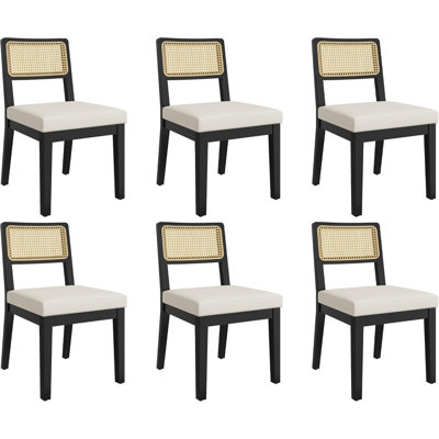 Ensemble de 6 chaises de salle à manger en rotin avec revêtement en tissu de lin et structure en bois, chaise de ferme pour la cuisine, le restaurant, la salle à manger, la chambre à coucher, noir