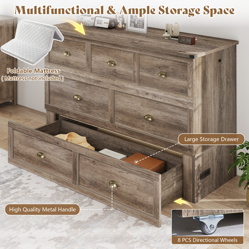 Arlina Farmhouse Queen Murphy Bed With Charging Station & Storage Drawer, White