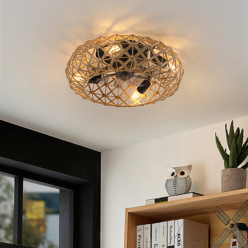 Ceiling-Mounted Jute Rope Fan Light Strip, Dimmable, 7 Blades, Reversible DC Motor
