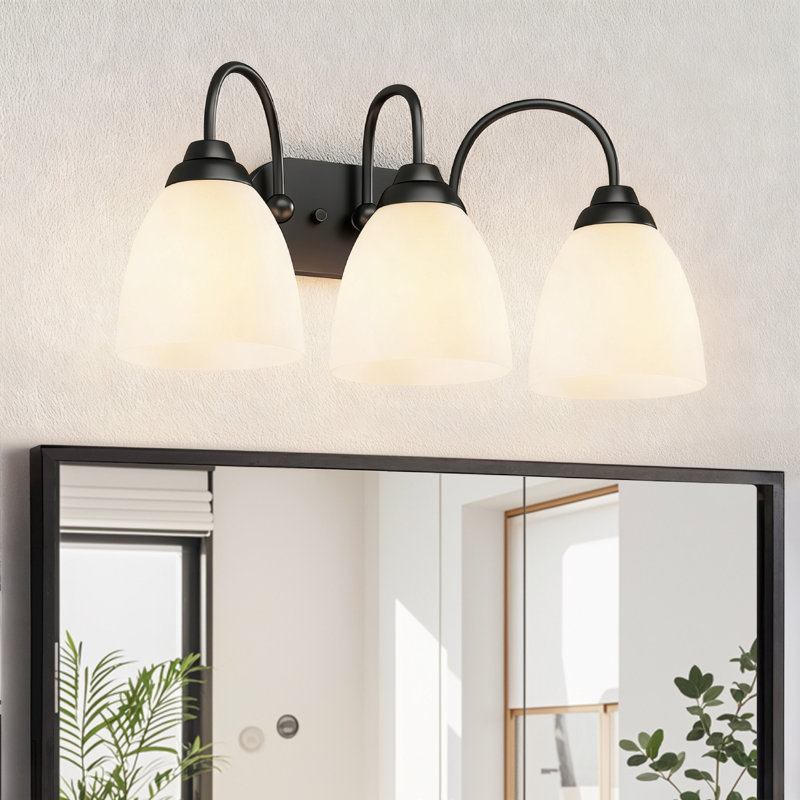 3-Light Bathroom Vanity Light with White Frosted Glass Shades (3 B11 Bulbs Included), Black