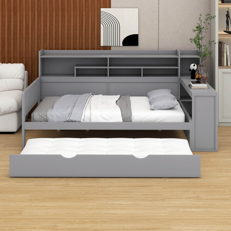 Lit de jour en bois Trundle - tablettes de rangement, bureau d'étude (conception multifonctionnelle), Complet/Double, Gris
